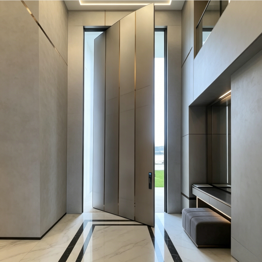 external minimalist pivot entry door | modern residential front door