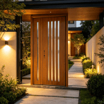 modern wood grain pivot front entry door | custom villa entrance door