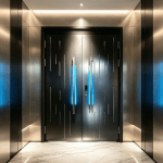qingdun black titanium brushed cast aluminum double door, led ambient light luxury security door