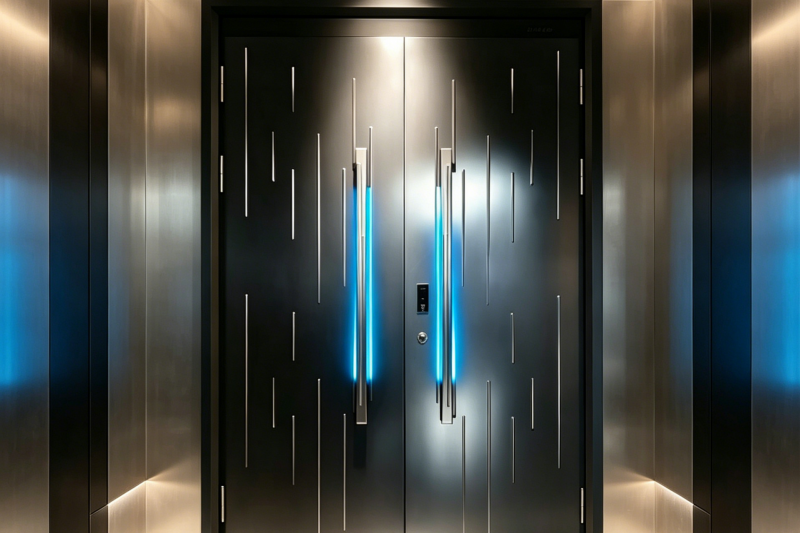 qingdun black titanium brushed cast aluminum double door, led ambient light luxury security door