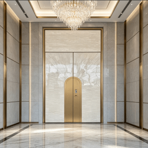qingdun luxury gold frame stone slab double security door, high end lobby villa entrance gate