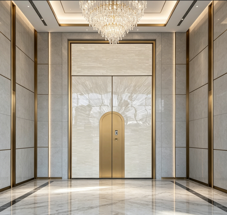 qingdun luxury gold frame stone slab double security door, high end lobby villa entrance gate