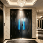 qingdun black titanium brushed cast aluminum double door, led ambient light luxury security door