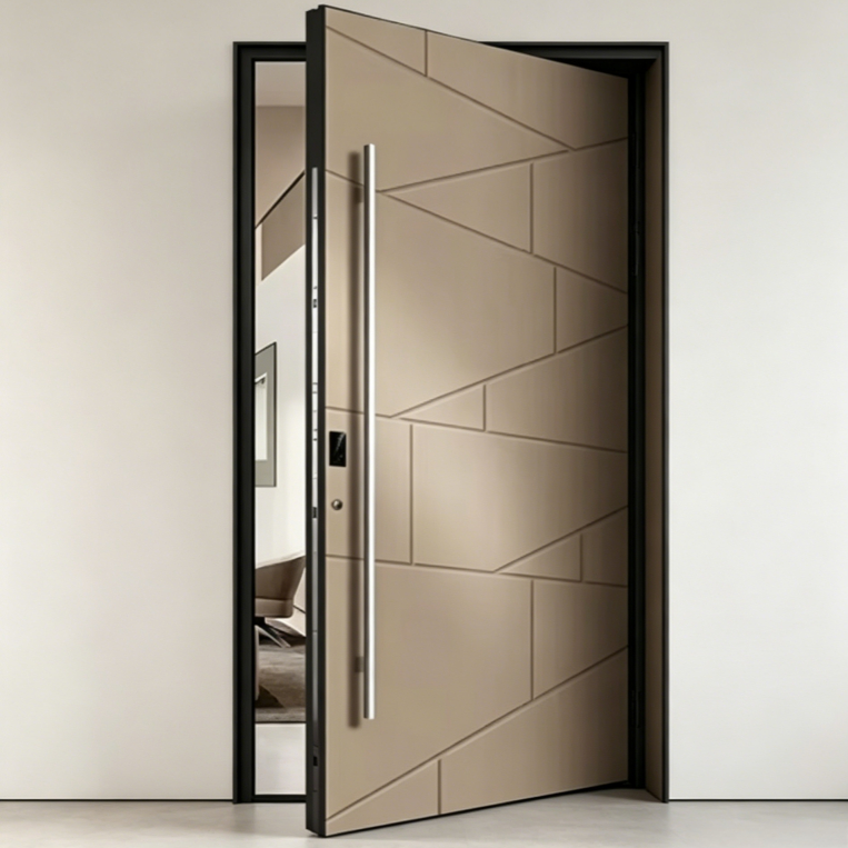 qingdun modern pivot cast aluminum front entry door, geometric embossed design villa main door