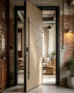 qingdun modern pivot cast aluminum front entry door, geometric embossed design villa main door