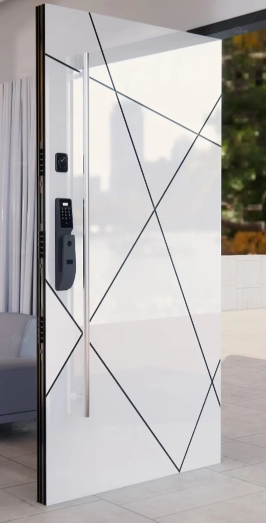 qingdun modern pivot cast aluminum front entry door, geometric embossed design villa main door