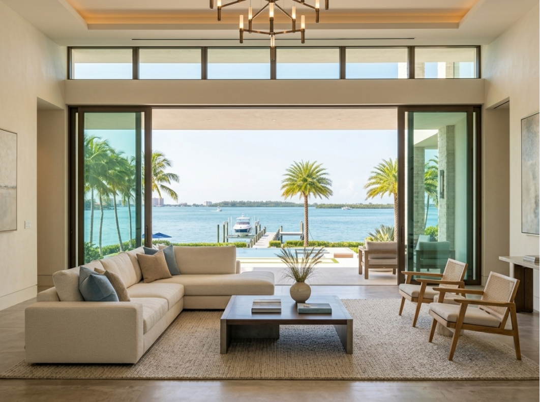 Interior sliding glass doors with ocean view